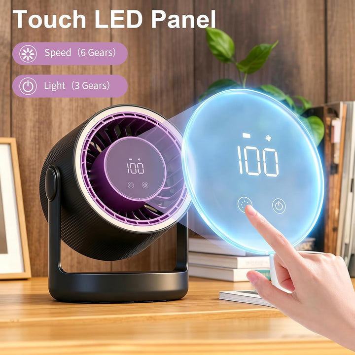 USB Tischventilator Leise mit Akku, Touchdisplay, 5 Geschwindigkeiten Grau, Grau