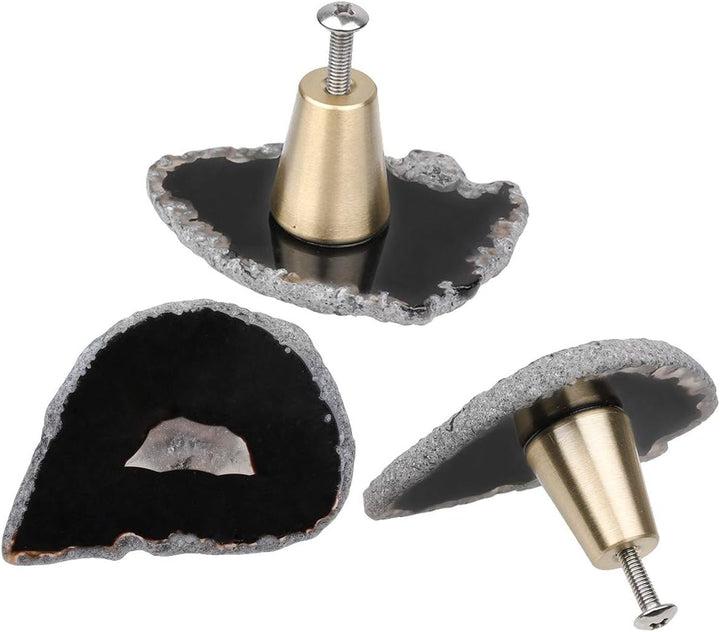 KYEYGWO 4 Stück Schwarz Unregelmässig Achat Scheiben Möbelknöpfe mit Schraube, Messing Schubladenknö