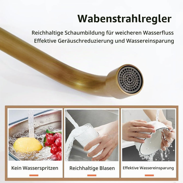 Wasserhahn Küche Wandmontage Messing Antik, Küchenarmatur Mischbatterie Wand, 360°Drehbar Doppelgrif