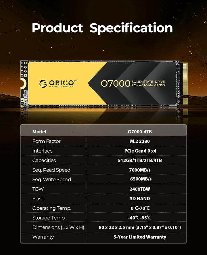 ORICO M2 SSD 4TB, NVMe SSD M.2 mit Kühlkörper, PCIe 4.0 Gen4, bis zu 7000MB/s, M.2 2280 Internal SSD