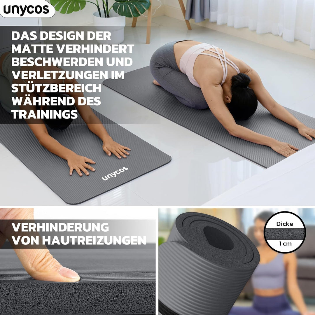 unycos - Yogamatte Rutschfeste | Hohe Dichte 6/10/15 mm, Gymnastikmatte mit Tragegurt und Schultergu