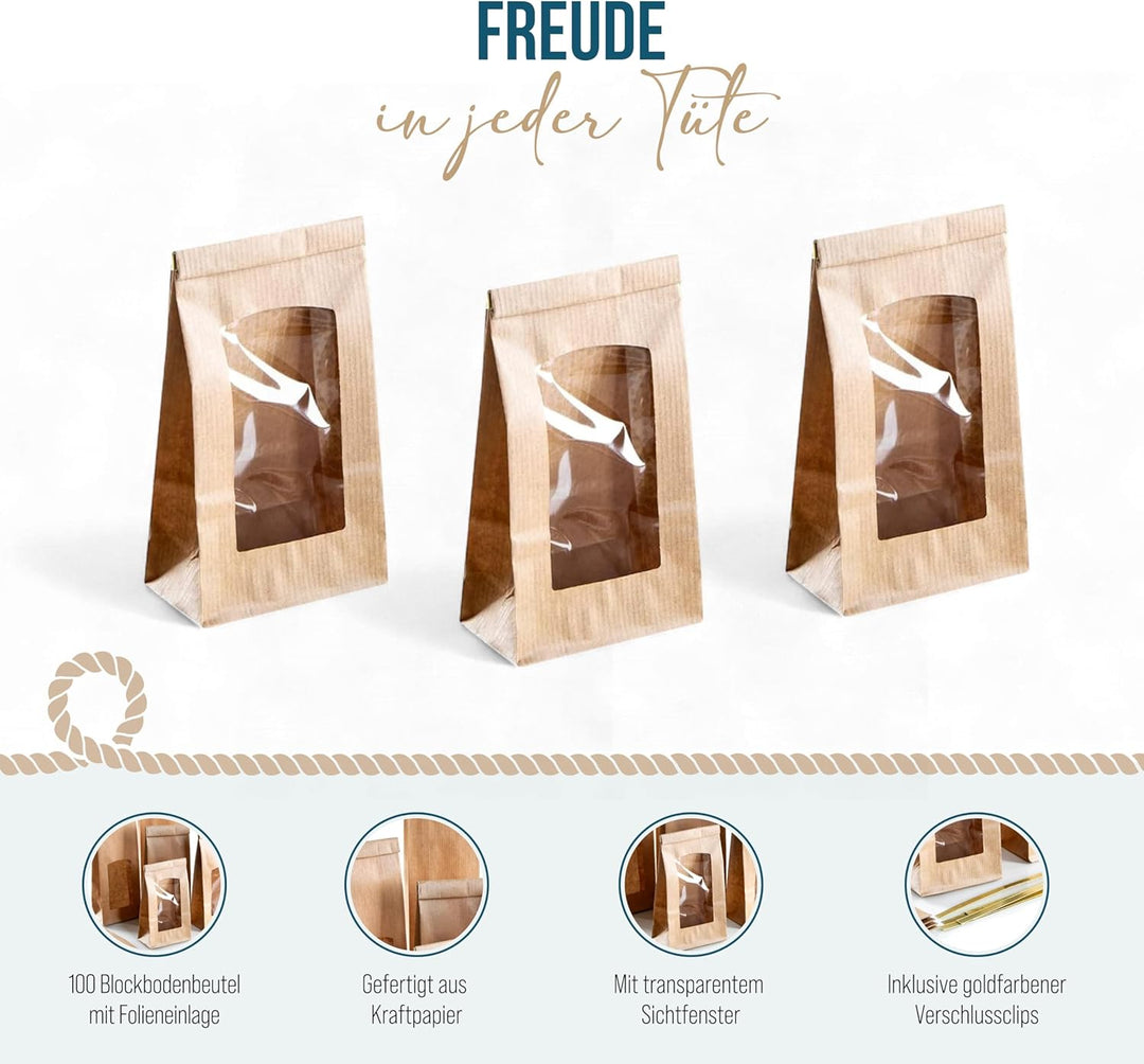 Logbuch-Verlag 100 braune Papiertüten mit Fenster & Folieneinlage - Beutel zum Befüllen mit Verschlu