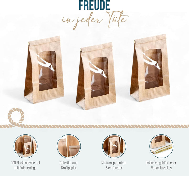 Logbuch-Verlag 100 braune Papiertüten mit Fenster & Folieneinlage - Beutel zum Befüllen mit Verschlu