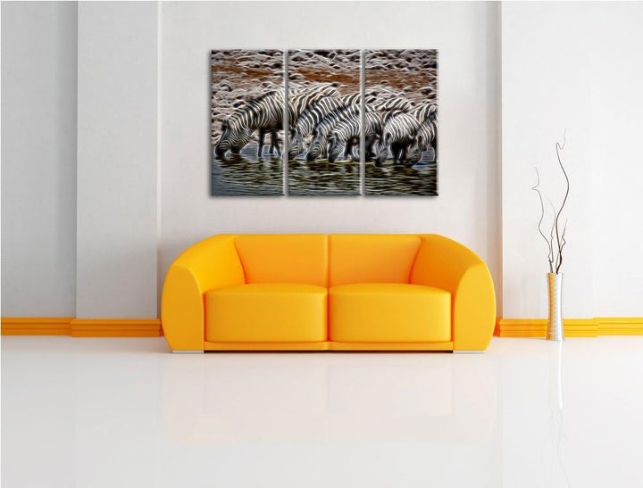 Zebraherde am Wasserloch NewArt 3-Teiler Leinwandbild 120x80 Bild auf Leinwand, XXL riesige Bilder f