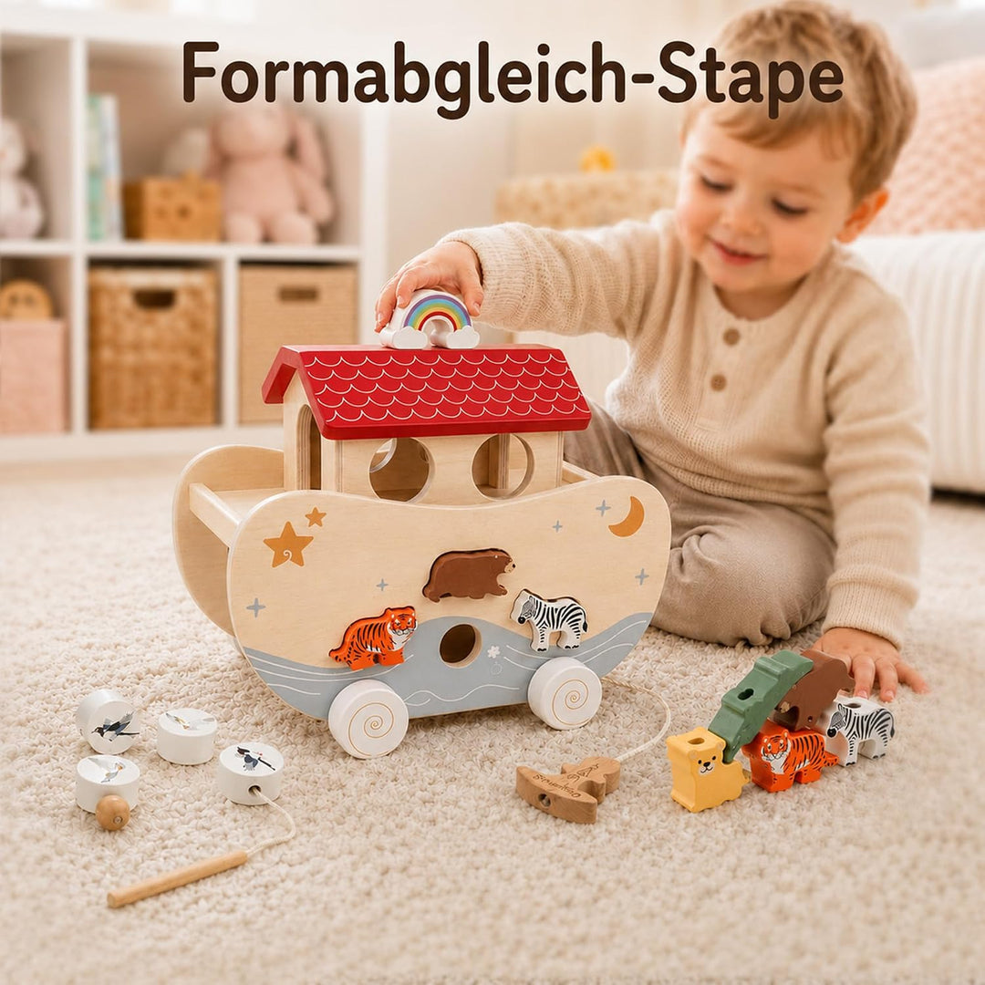Arche Noah Holz, Montessori Spielzeug und Taufgeschenk ab 1 Jahr | Liebevolles Taufgeschenk: Arche N