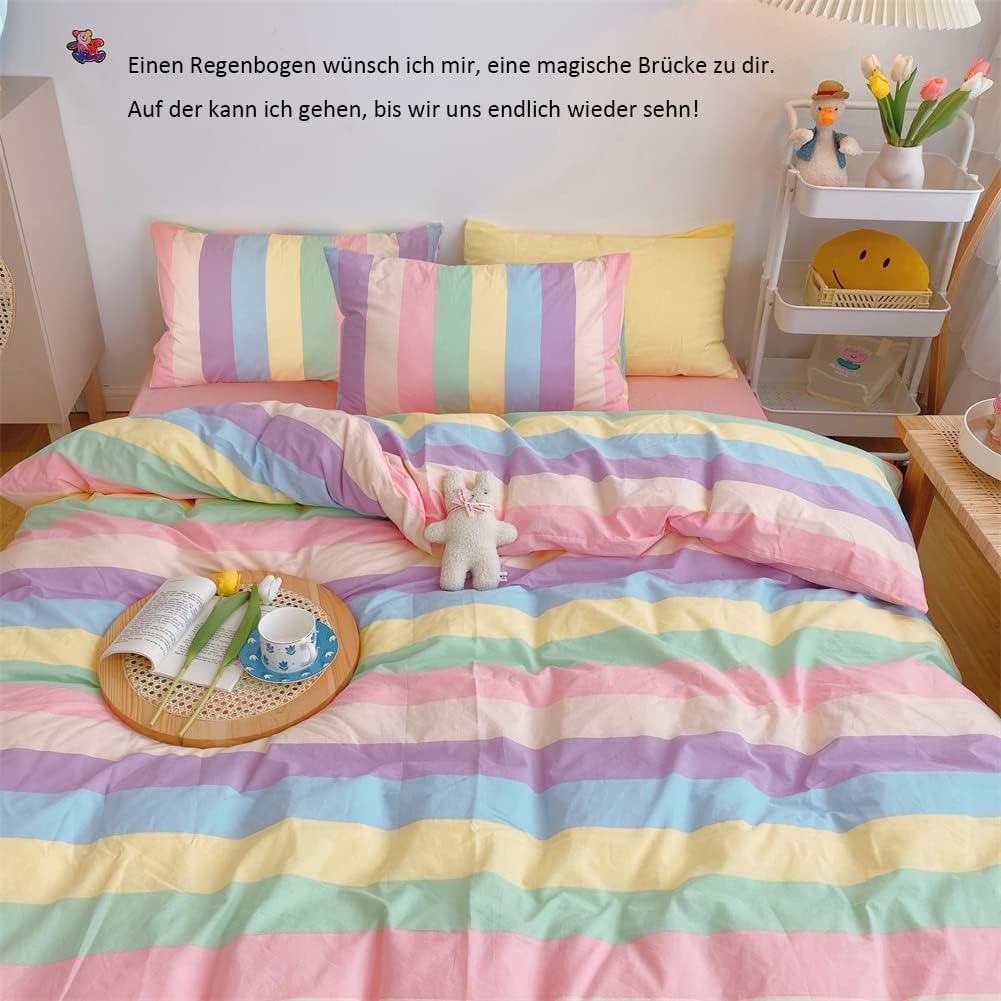 Koudi Bunt Mädchen Bettwäsche 100x135 Kinderbettwäsche Mehrfarbig Regenbogen Streifen Muster Bettbez