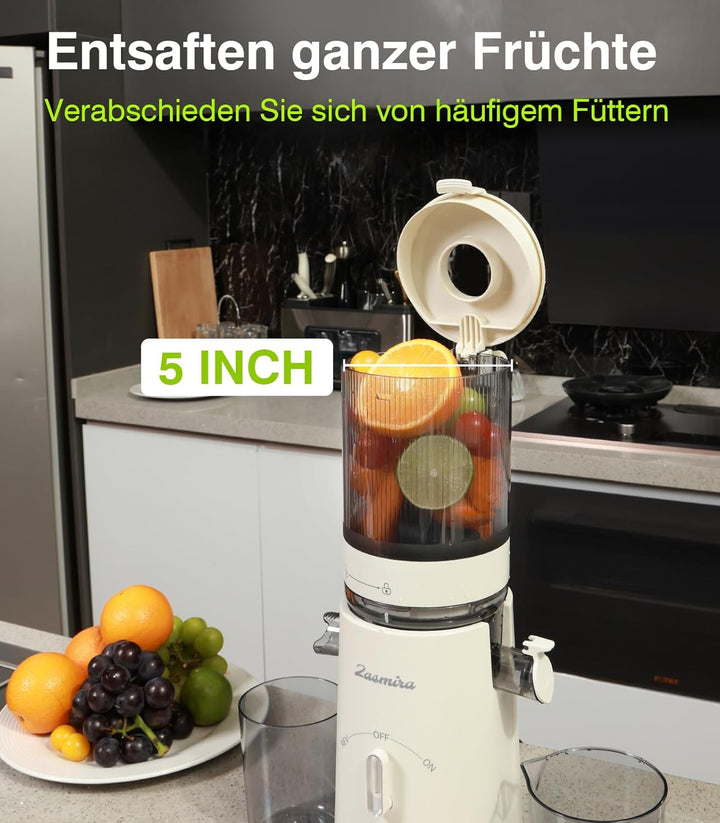 Slow Juicer, Zasmira Neueste Entsafter für Gemüse und Obst mit 120 MM Breitem Einfüllschacht, Hohe S