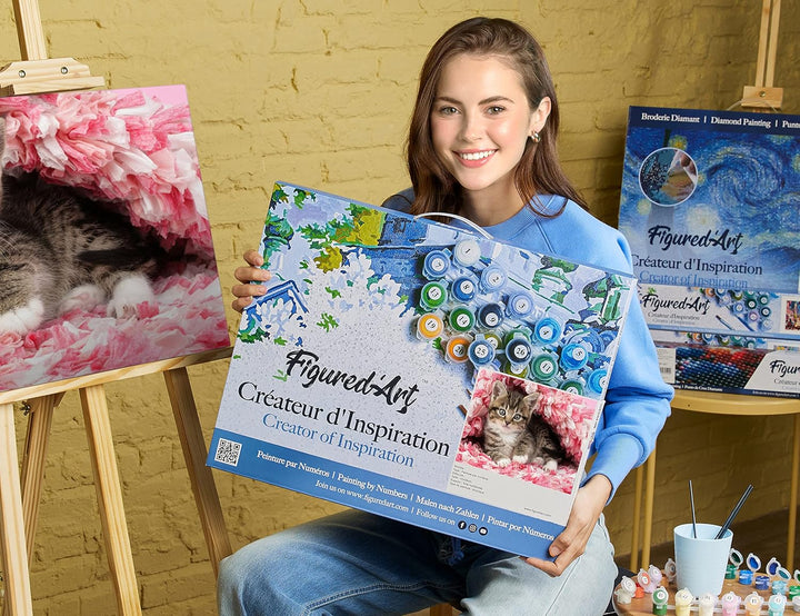 Figured'Art Malen Nach Zahlen Erwachsene Mit Rahmen Katze unter Decke - Paint by Numbers Basteln DIY