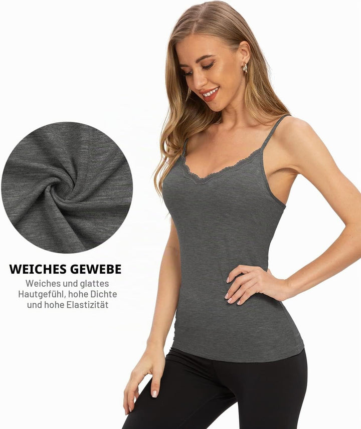 Damen Tanktop mit Spitzen Unterhemd Spaghettiträger Basic Top V-Ausschnitt Verstellbare Trägertop 4e
