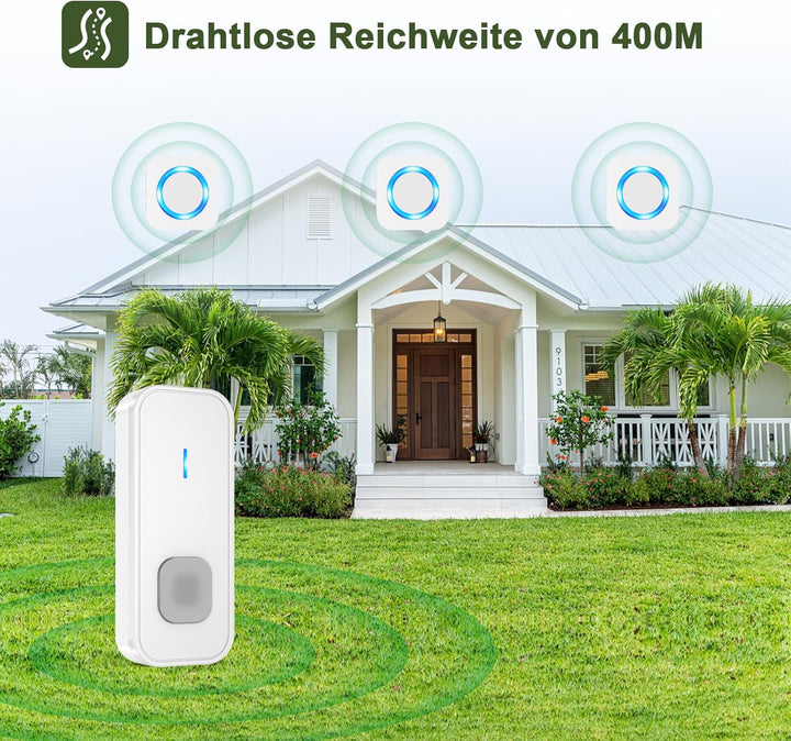 Funkklingel 3 Plug-in-Empfänger 400m Funk Reichweite Klingel Haustür Aussen Wasserdicht Türklingel D