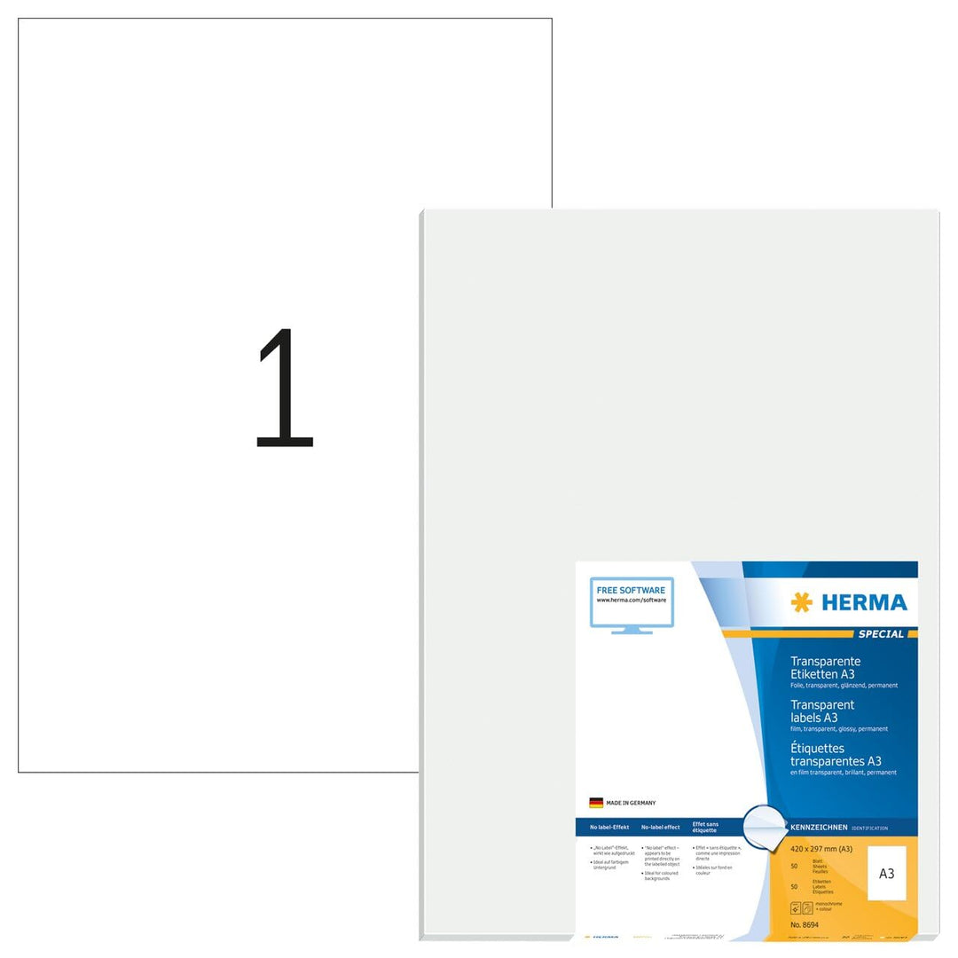 HERMA 8694 Wetterfeste Folienetiketten transparent, 50 Blatt, 297 x 420 mm, 1 Stück pro A3 Bogen, 50
