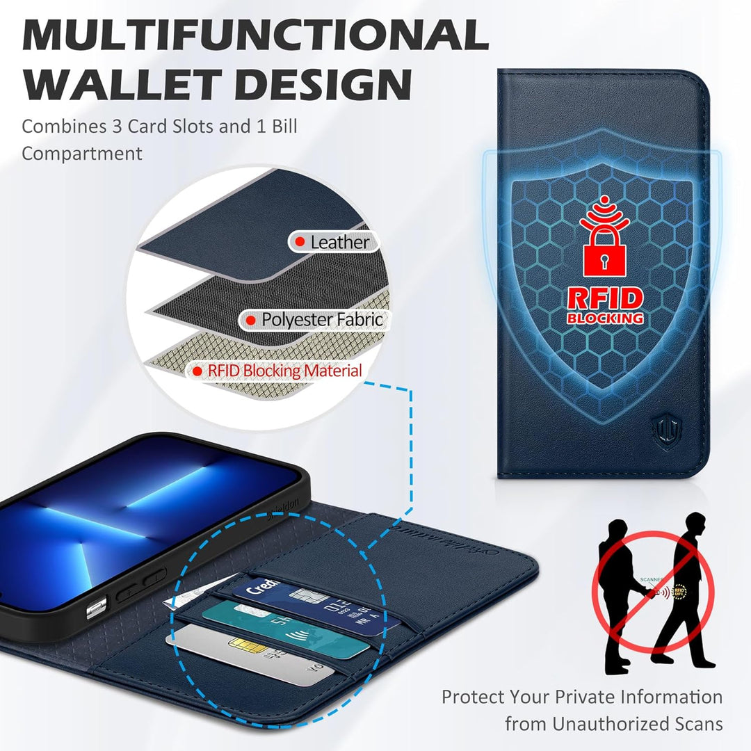 SHIELDON Hülle für iPhone 13, Handyhülle [Rindsleder] [Verdicht TPU] [Kartenfach] [Standfunktion] [M