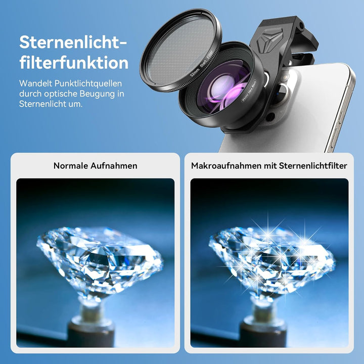 APEXEL HB100 Ultra HD Handy Makroobjektiv mit 52 mm CPL & Sternfilter, F1.05-Blende & AF-Beschichtun
