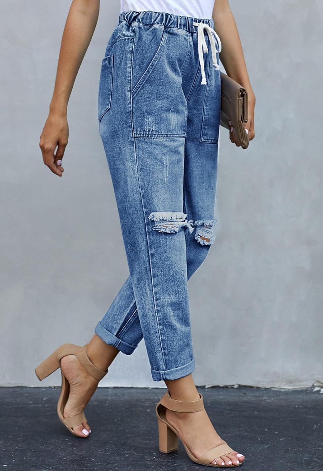 Alaster Queen Jeans Damen Lässig High Waist Jeans Baggy Jeans Damen Knie Zerrissen Jeans 209-blau S,