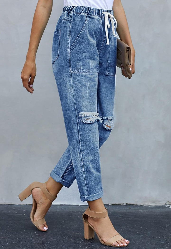 Alaster Queen Jeans Damen Lässig High Waist Jeans Baggy Jeans Damen Knie Zerrissen Jeans 209-blau S,