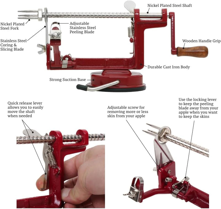 Johnny Apple Peeler VKP Brands Apfelschäler, Gusseisen, rot, Stainless Steel Blades Saugfuss, Saugfu