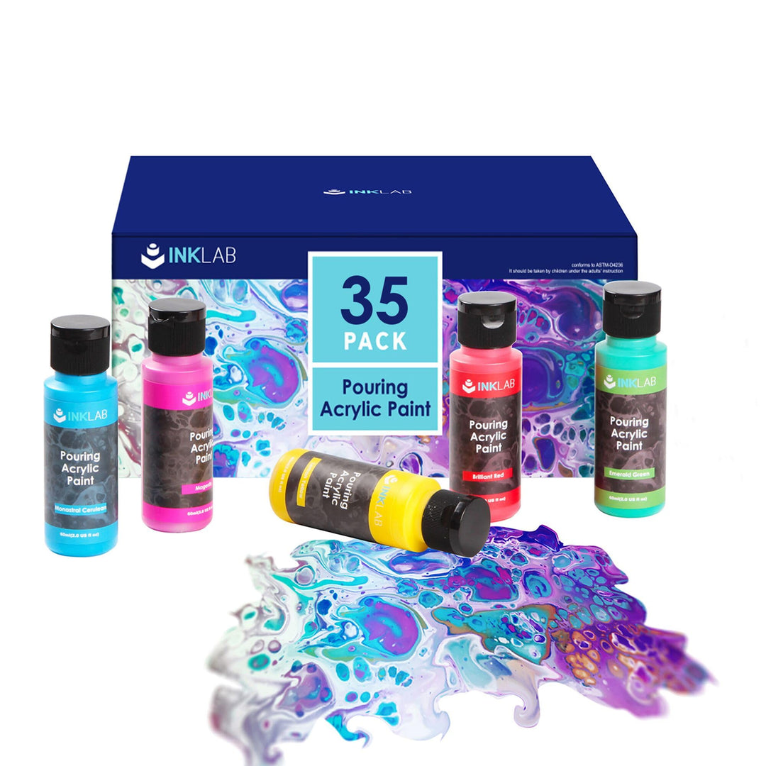 INK LAB Pouring Acrylfarben Set 35 Farben Flüssige Giessfarbe mit Silikonöl 60ml Flaschen Vorgemisch