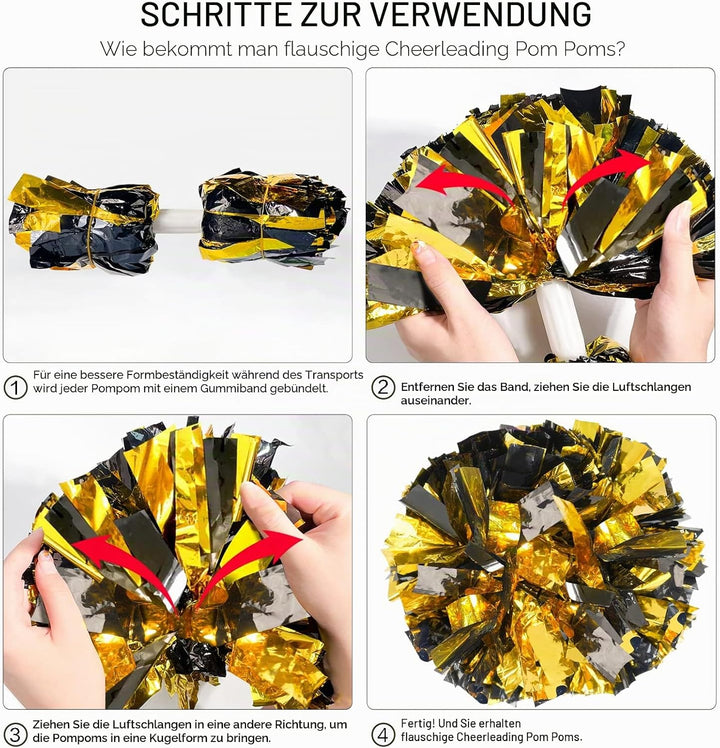 4 Stück verbesserte 30,5 cm metallische Cheerleader-Pompons, HOLENGS Cheerleader-Pompons für Kinder
