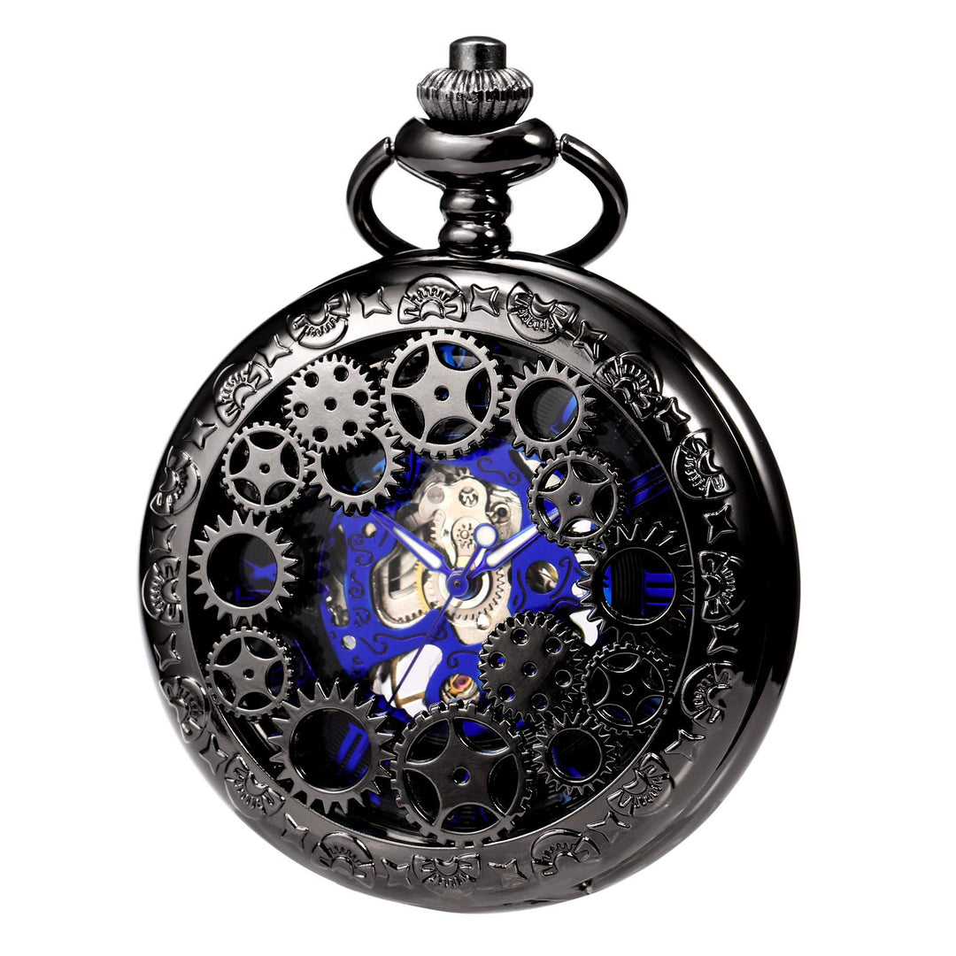 TREEWETO Mechanische Skelett-Taschenuhr für Herren und Damen, Bronze-Ausrüstung, hohles Gehäuse, Ste