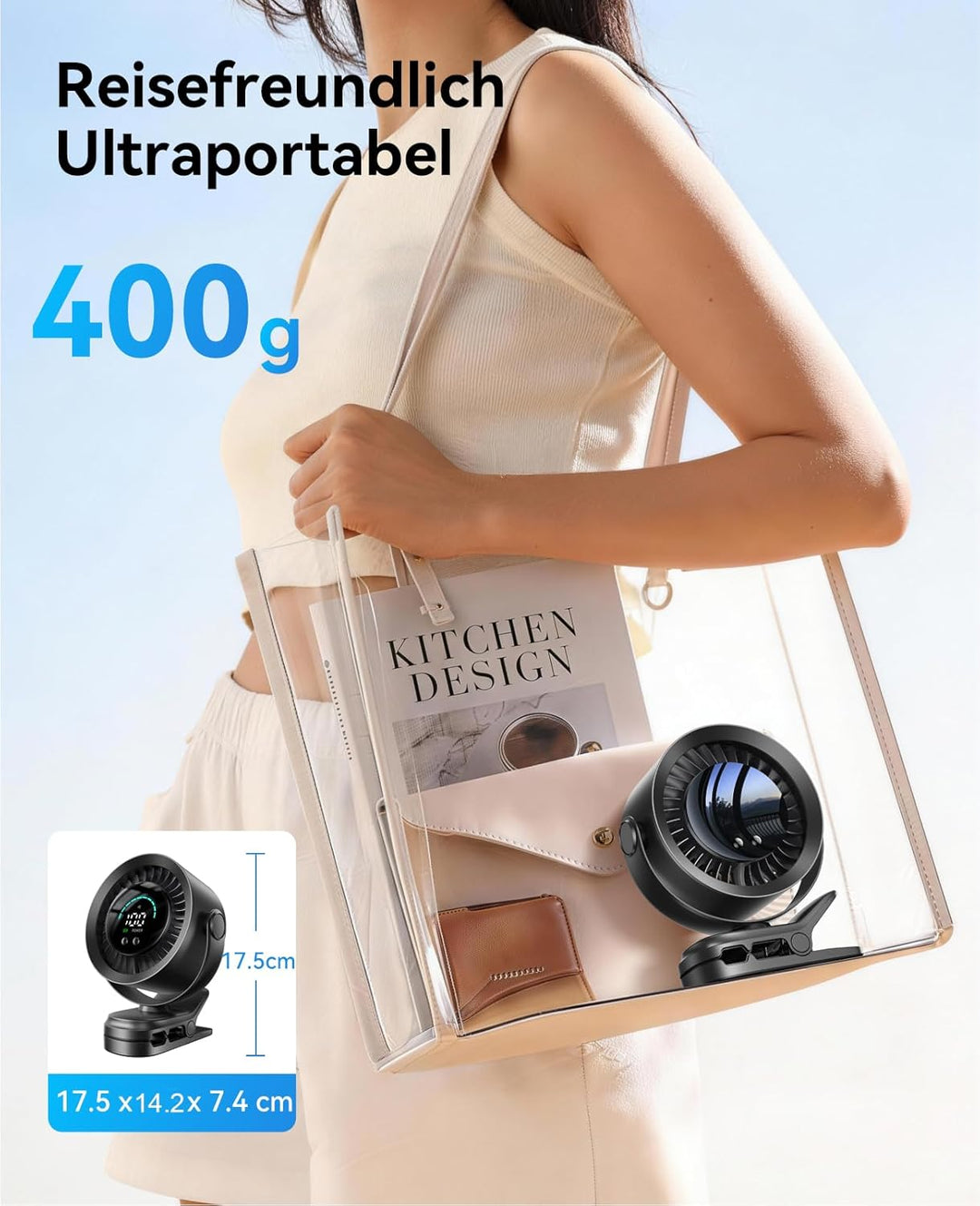 KIMMOO Clip-Ventilator Wiederaufladbar, 100 Stufen USB-Tischventilator mit LED-Display, 360° Rotatio