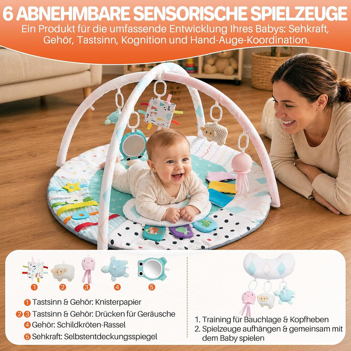 FUNYKICH Spielbogen Baby, Spieldecke Baby mit 6 Spielzeugen &amp; Kissen, Rutschfeste Baby Gym für Babys