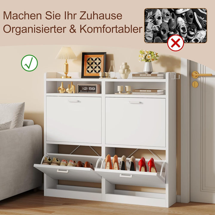 Schuhschrank mit 4 Klappen 20 cm Ultradünn,bis Grösse EU47 Passen, Schuhregal Schmaler aus Holz mit