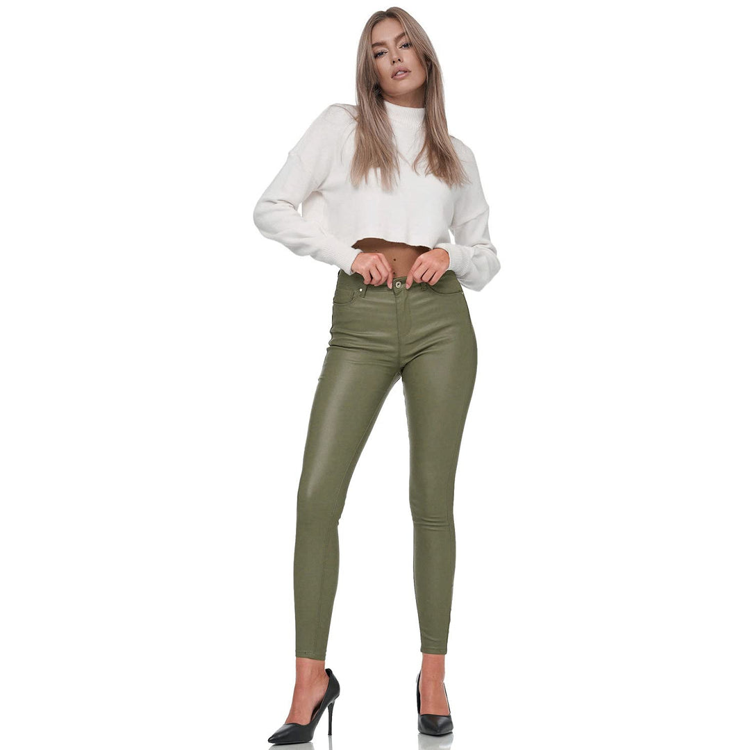 Gloop Skinny Fit Jeans Fit-Hose mit Ledereffekt Smooth Coated Pant Armeegrün S, Armeegrün S
