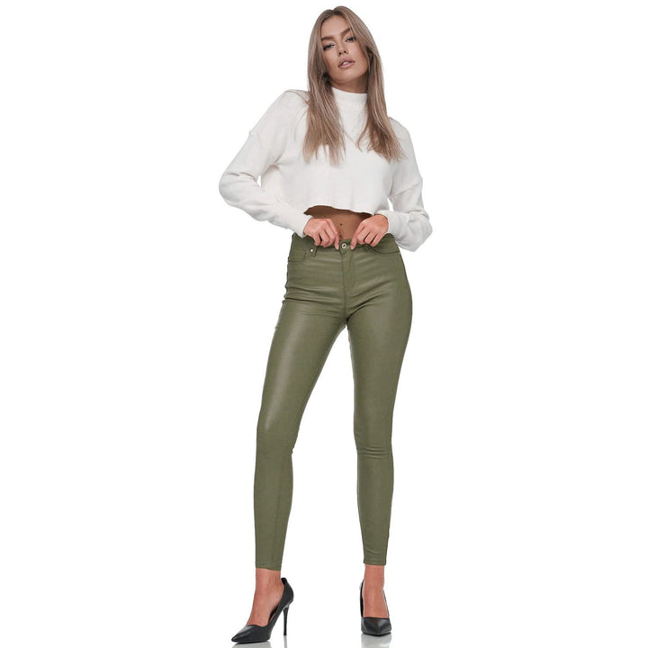 Gloop Skinny Fit Jeans Fit-Hose mit Ledereffekt Smooth Coated Pant Armeegrün S, Armeegrün S