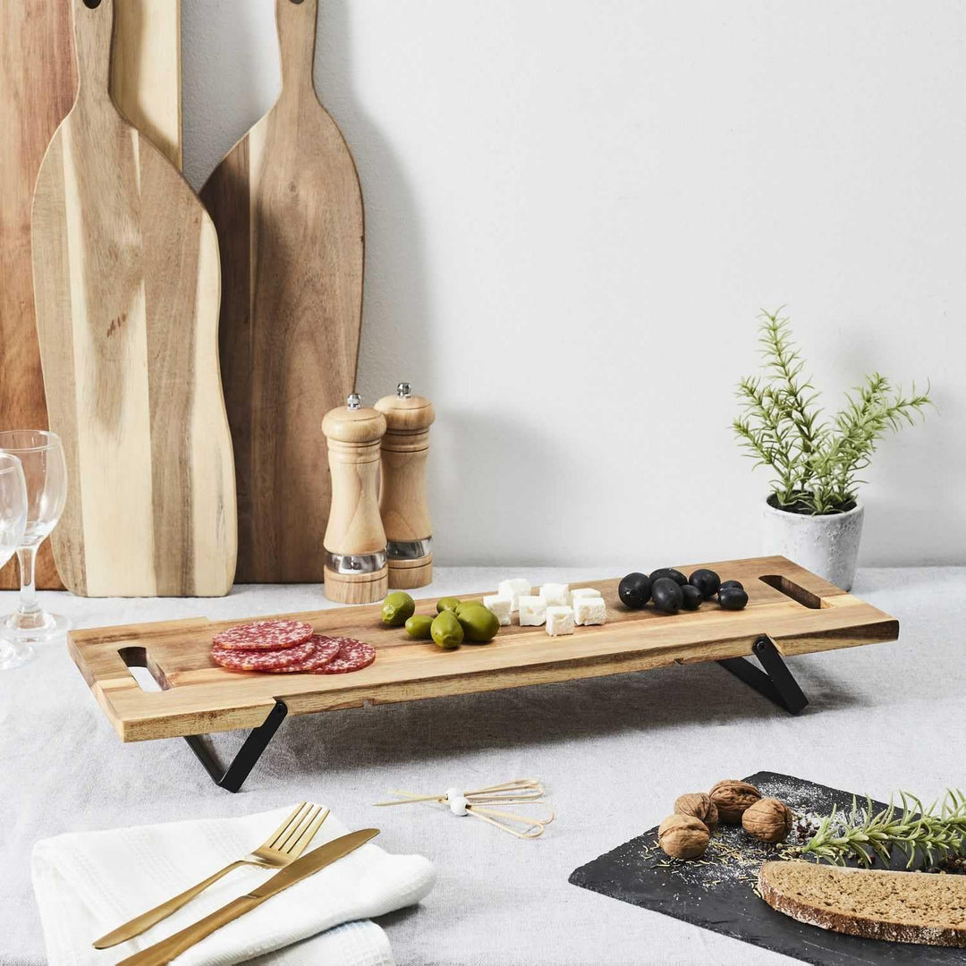 Home Deco Factory, KA0322, Acacia Presentation Board with Black Metal Feet, Ideal for Aperitifs and