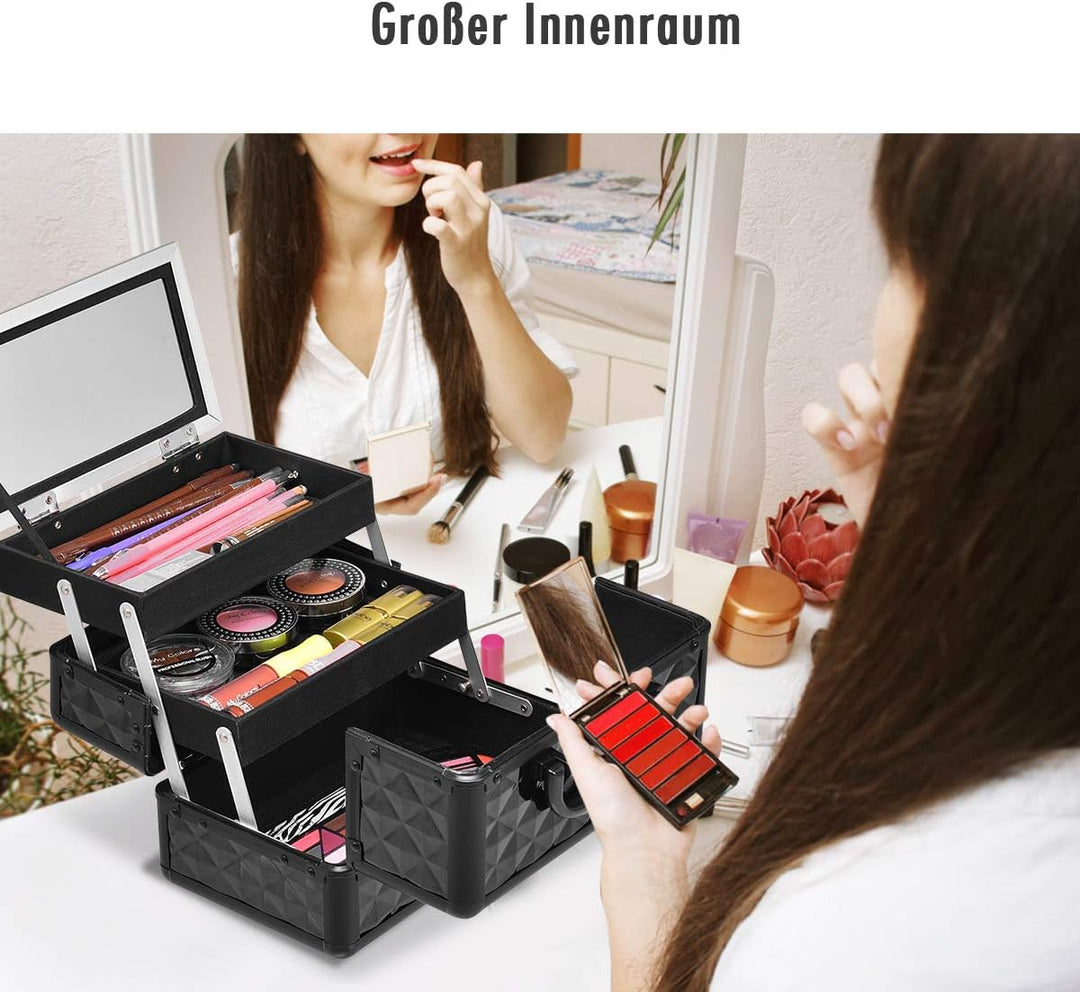 GOPLUS Kosmetikkoffer, Schminkkoffer leer mit Spiegel &amp; 2 ausziehbare Ablagen, Makeup Oragnizer trag