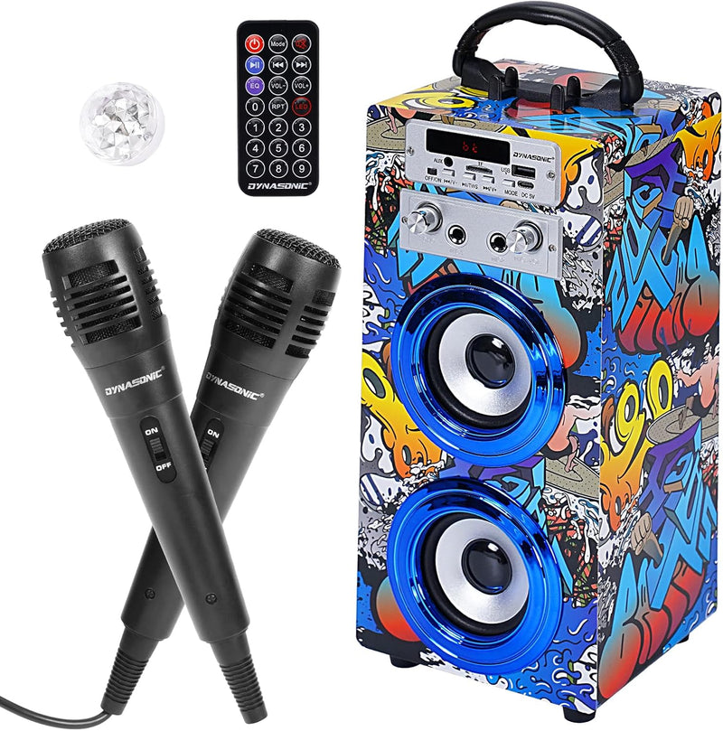 DYNASONIC Karaoke mit 2 Mikrofonen, tragbarer Karaoke-Maschine, Bluetooth-Lautsprecher, USB- und SD-