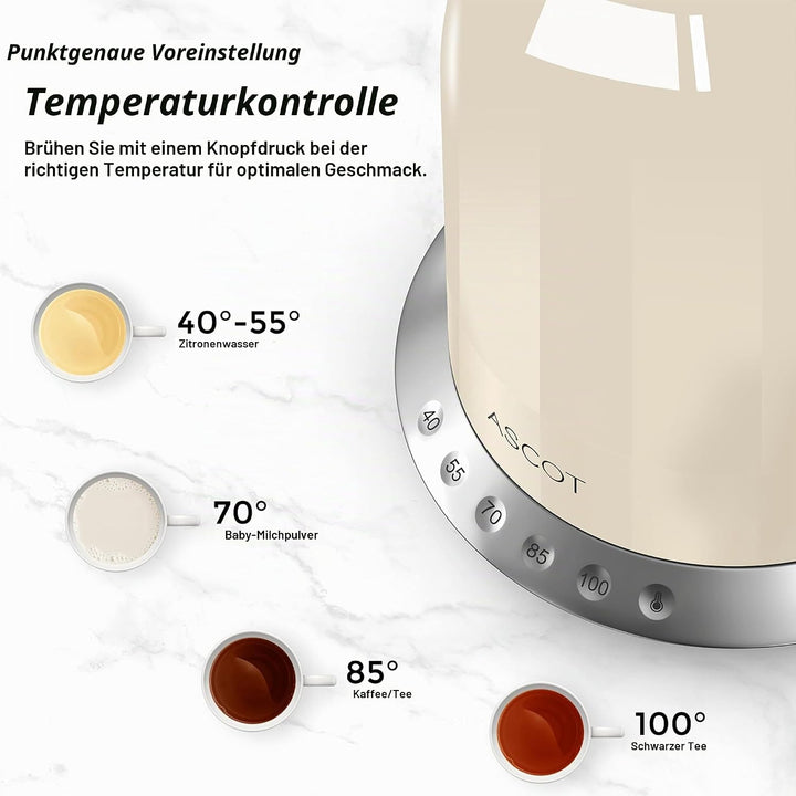 ASCOT Wasserkocher Edelstahl mit 5 variablen Voreinstellungen, Elektrischer Teekessel Kaffee Wasserk