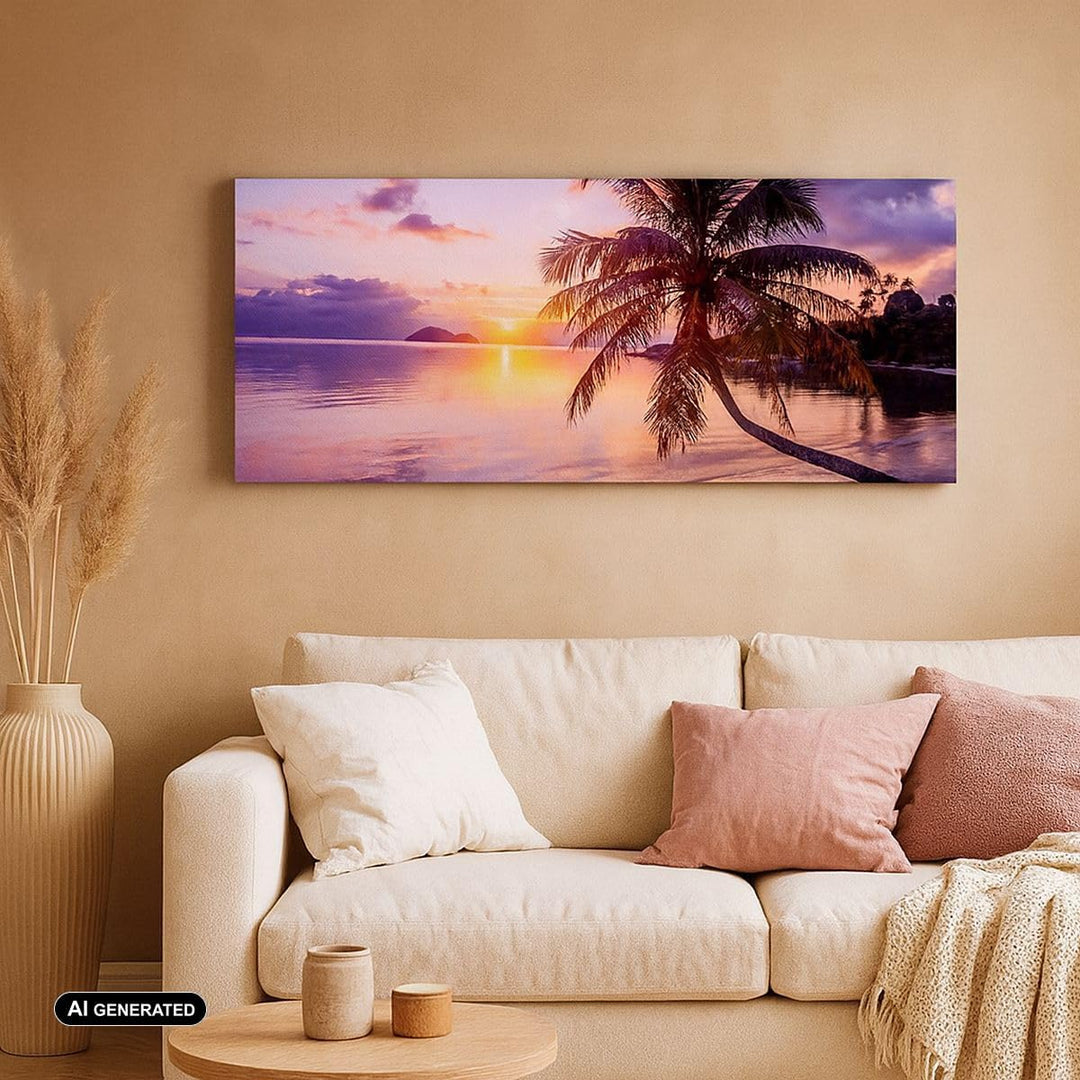 Wandbilder Dekoration Wohnzimmer Strand Meer Palme Panorama Bilder auf Leinwand 120x50cm Leinwandbil
