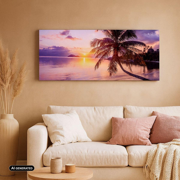 Wandbilder Dekoration Wohnzimmer Strand Meer Palme Panorama Bilder auf Leinwand 120x50cm Leinwandbil