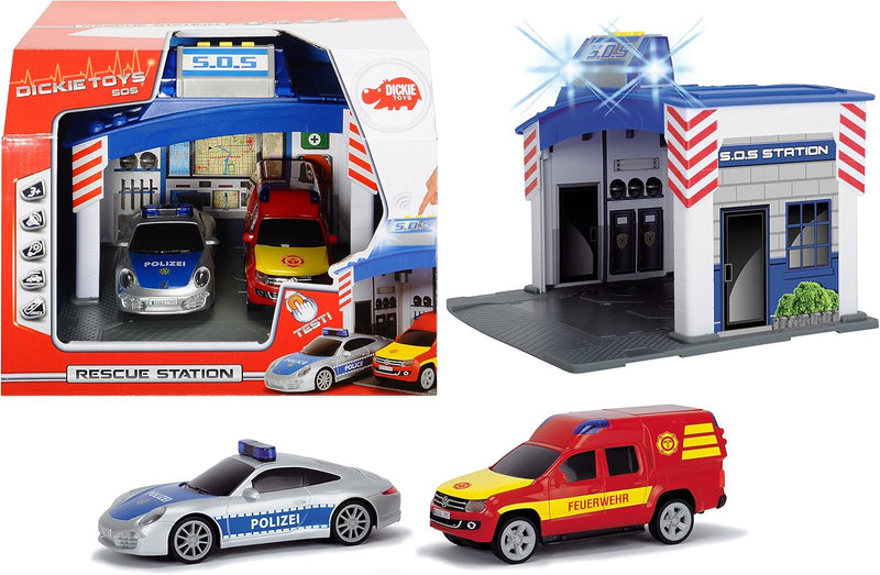 Dickie Toys 203713003 - Rescue Station, Rettungswache mit Polizei- und Feuerwehrauto inklusive Batte