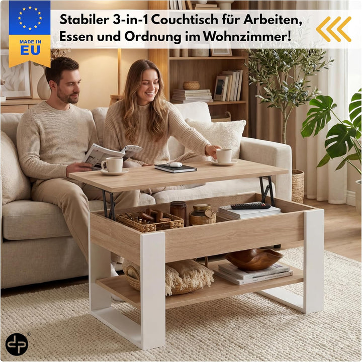 defiPad Couchtisch Höhenverstellbar mit Stauraum, Wohnzimmertisch Sonoma Eiche/Weiss mit hochziehbar