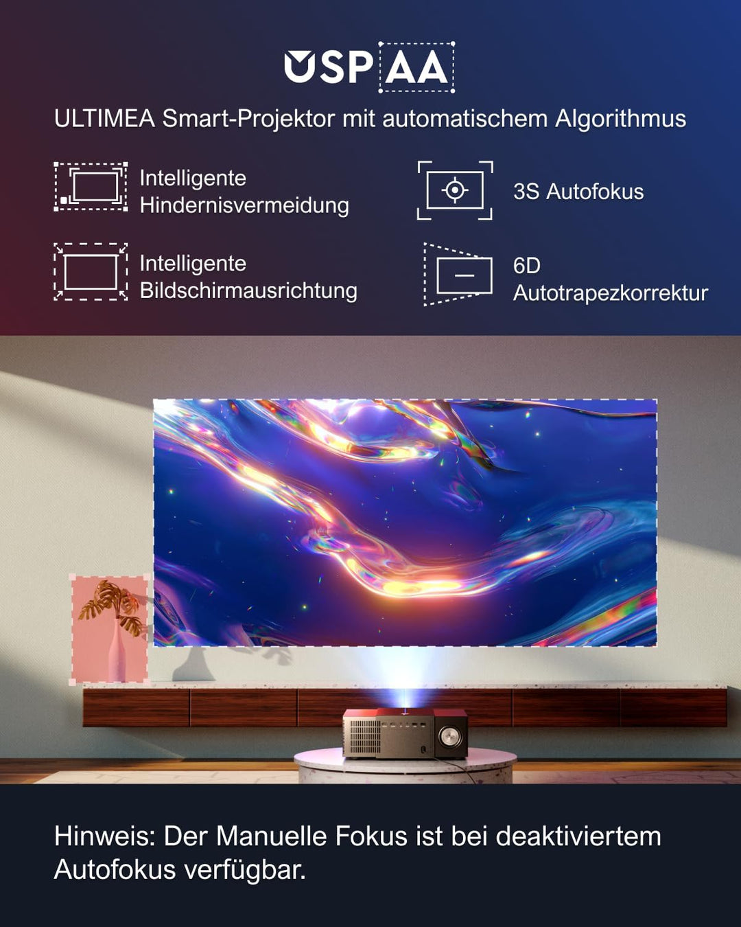 ULTIMEA Beamer 4K Heimkino Unterstützt 900 ANSI-Lumen mit Hindernisvermeidung und 6D Trapezkorrektur