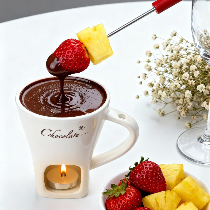 2PCS Schokofondue Tasse Keramik 130ML Schoko Fondue Cup mit Teelichthalter und Gabeln Schokoladenfon