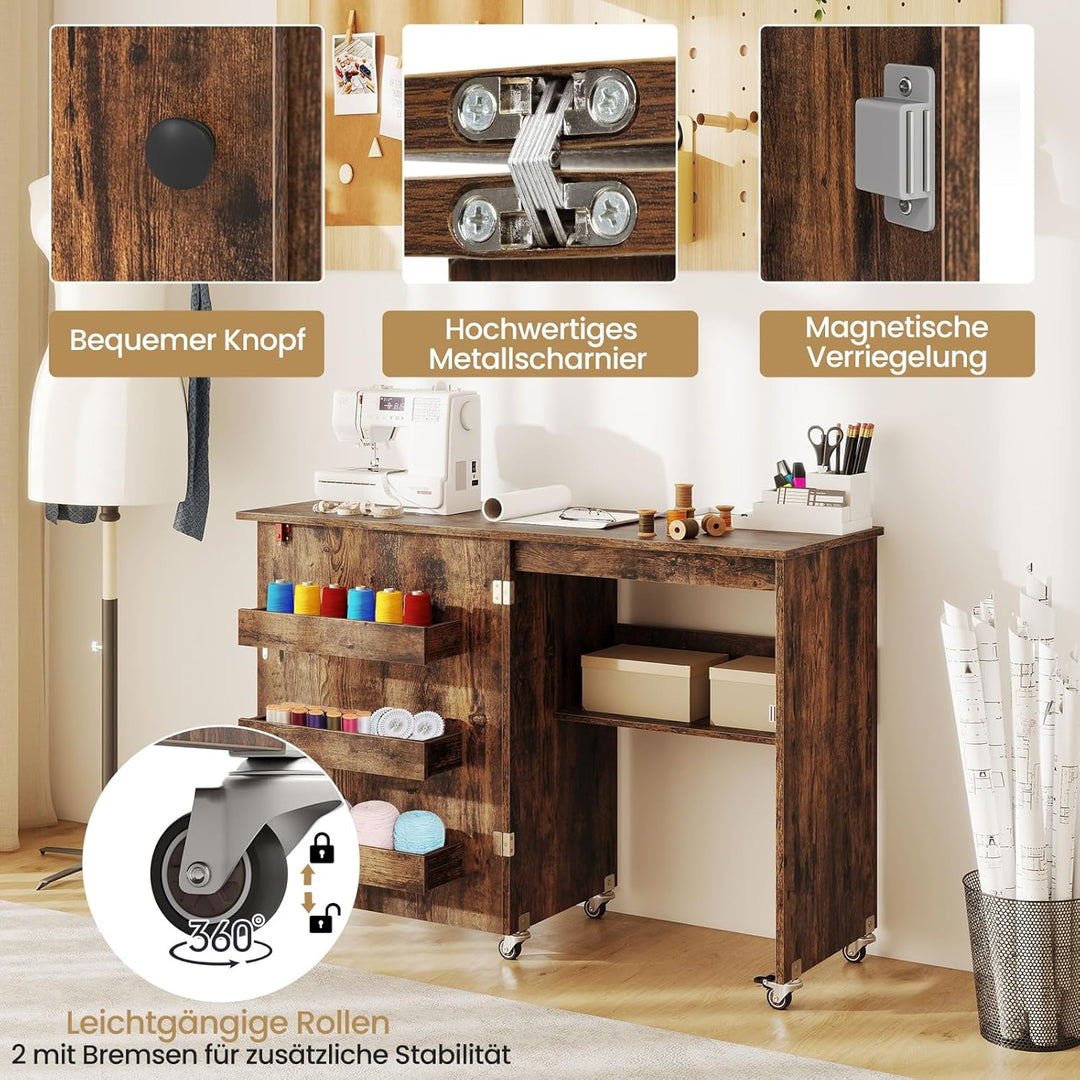 RELAX4LIFE Faltbarer Nähtisch auf Rollen, Nähmaschinenschrank aus Holz, Nähschrank, Mehrzwecktisch,