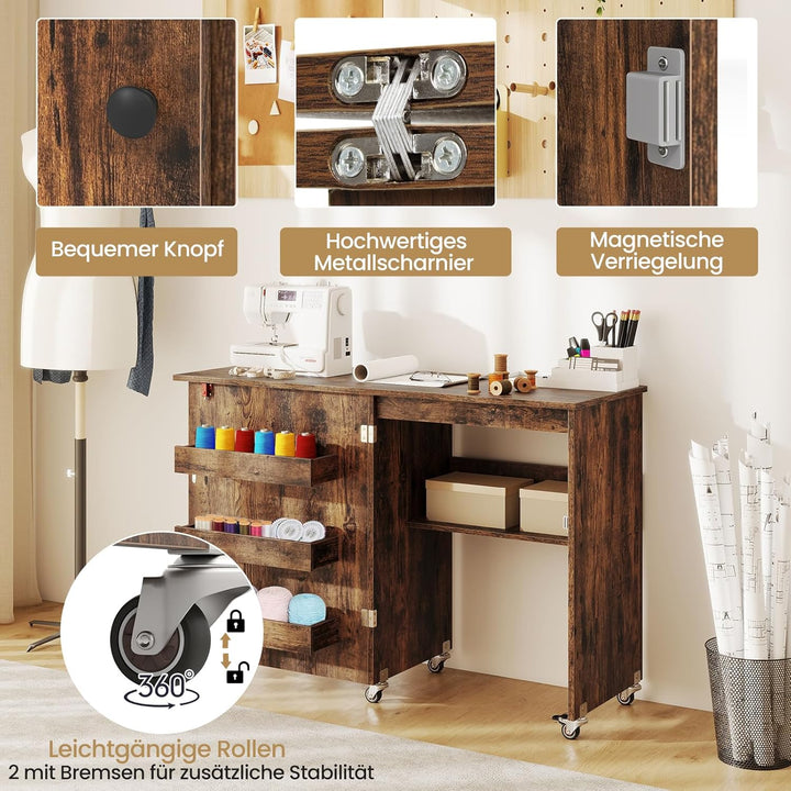 RELAX4LIFE Faltbarer Nähtisch auf Rollen, Nähmaschinenschrank aus Holz, Nähschrank, Mehrzwecktisch,