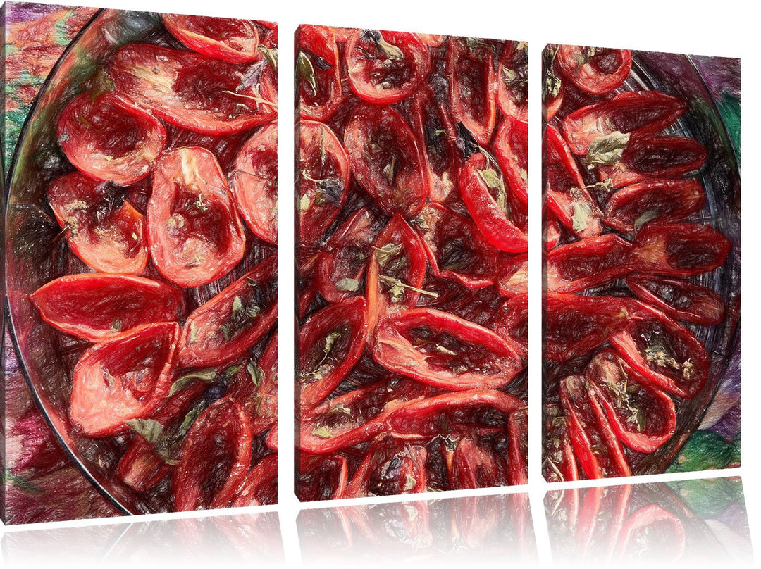 Pixxprint Tomaten Olivenöl Kräuter / 3-Teilig/Gesamtmass 120cm Leinwandbild bespannt auf Holzrahmen/