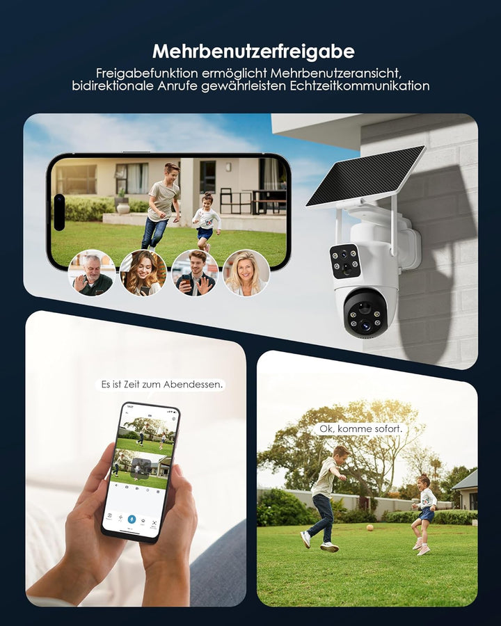 Überwachungskamera Aussen Solar, 4MP/2.4GHz WLAN Kamera Outdoor mit Dual Objektiv, Dual Bewegungsmel