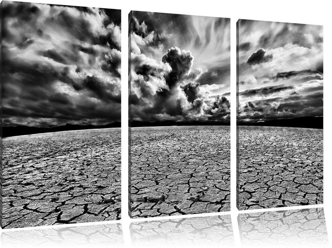 Pixxprint Monocrome, Ausgetrocknete Wüstenlandschaft 3-Teiler Leinwandbild 120x80 Bild auf Leinwand