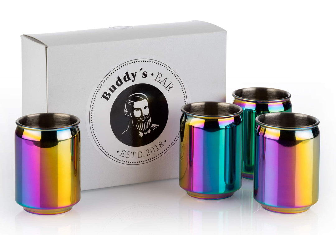 Buddy´s Bar - 4 Cocktailbecher, Ø 7,5 cm, H: 10,5 cm, 350 ml, Edelstahl-Becher, 4er Set, Regenbogen-