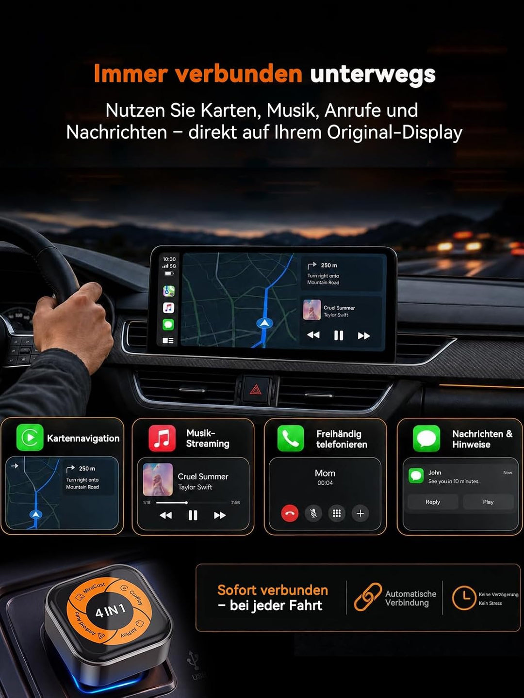 4-in-1 Wireless CarPlay Adapter für Apple CarPlay & Android Auto, AirPlay & MirrorLink Bildschirmspi