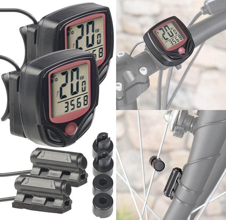 PEARL Sports Fahrradtachos: 2er-Set 15in1-Fahrrad-Computer mit LCD-Display &amp; Radsensor, IP44 (Kilome