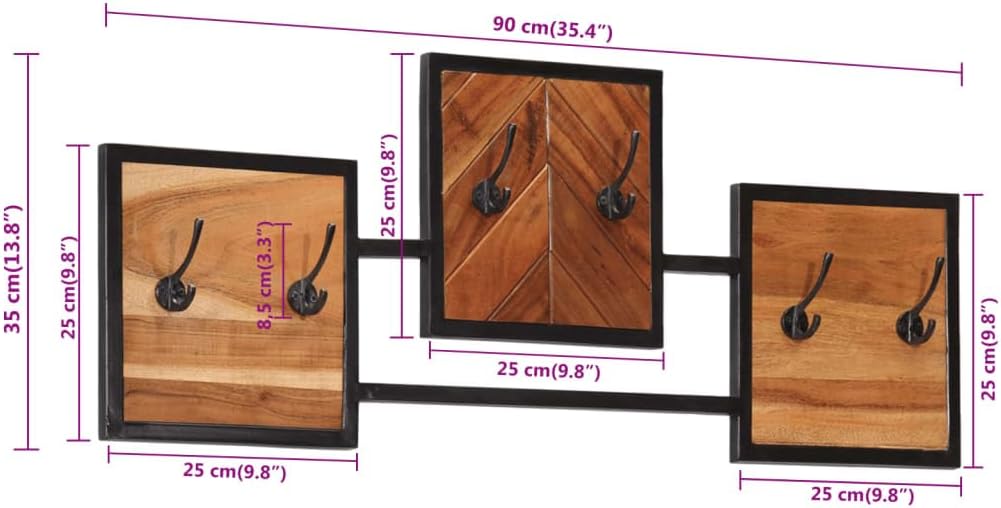 Wandgarderobe, 90 x 1 x 35 cm, Massivholz, Akazie, Eisen, 6 Haken | Robuster Eisenrahmen, massives A