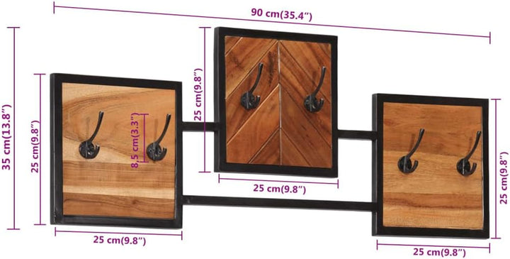 Wandgarderobe, 90 x 1 x 35 cm, Massivholz, Akazie, Eisen, 6 Haken | Robuster Eisenrahmen, massives A