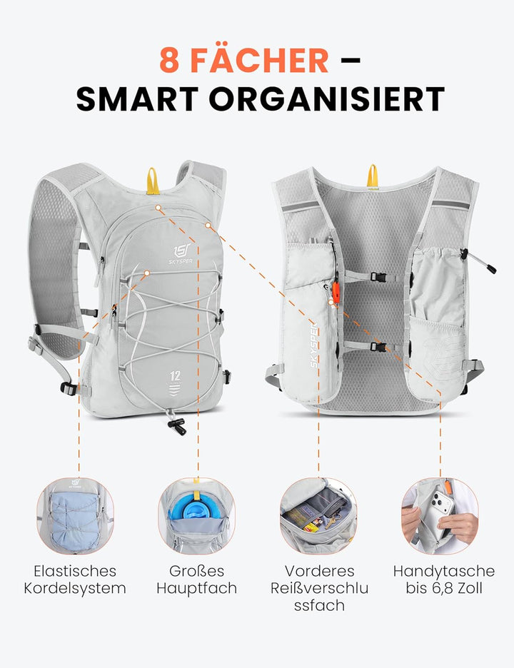 SKYSPER Laufweste für Damen Herren 12L Laufrucksack mit 500ml Trinkflasche Reflektierende Trinkweste