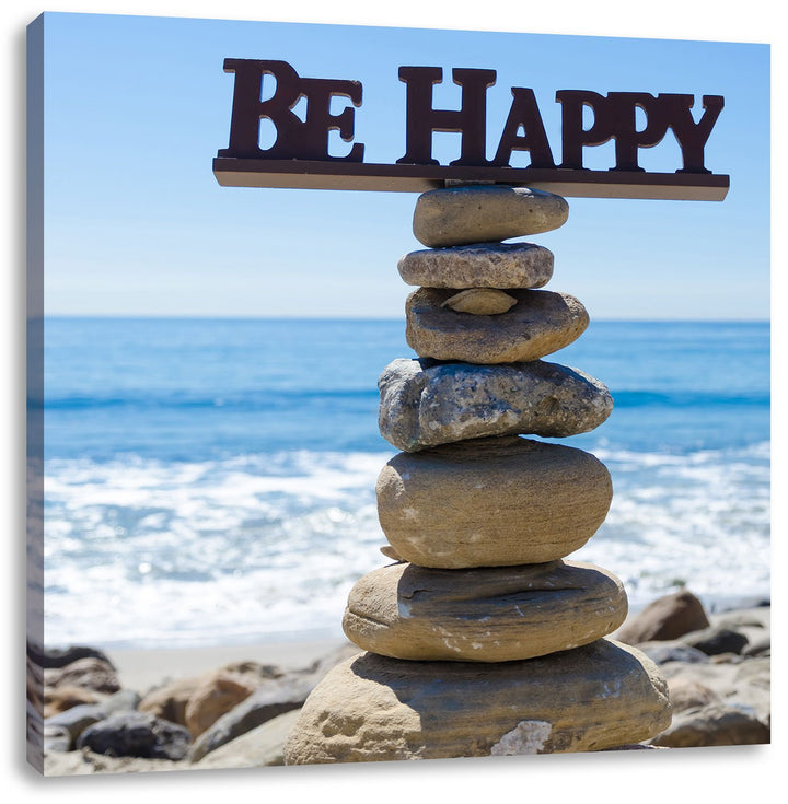 Pixxprint Steinturm bei Happy am Strand, Format: 70x70 auf Leinwand, 70x70
